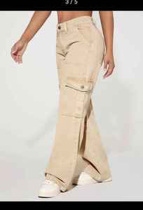 Jean cargo taille haute pour femme, coupe large, en denim tissé délavé avec poches fonctionnelles, idéal pour l'été décontracté – Grande Vente - Product Image 2