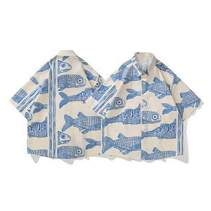 Chemises décontractées pour hommes, style américain oversize, nouvelle collection été 2026, imprimé petits poissons, mode urbaine tendance, personnalisées - Product Image 3