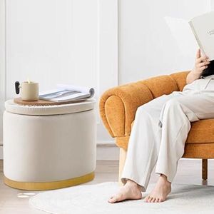 Round <b>Storage</b> Ottoman with Flip Top Lid Multi-Functional Metal Base Side Table Upholstered Vanity <b>Stool</b> with Footrest - Product Image 6
