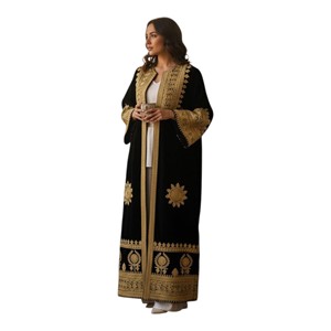 Black Velvet Embroidered <b>Kaftan</b> Long Sleeve Knee Length Loose Fit Women's Dress With Gold Geometric Pattern Winter Casual Dress - Product Image 1
