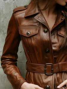 <b>Womens</b> Handmade <b>Brown</b> Genuine Lambskin <b>Leather</b> Belted Long Coat Vintage Fashion <b>Jacket</b> - Product Image 2