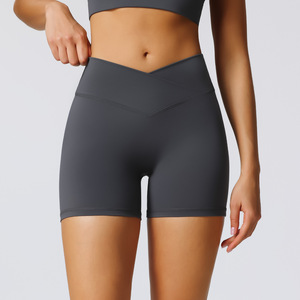 Shorts de sport taille haute couleur unie pour femme, séchage rapide, tricotés, pour yoga et fitness, gris - Product Image 1