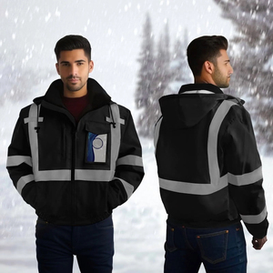Men's Reflective <b>Fleece</b> <b>Work</b> Jacket Windproof Zipper Closure Stand Collar Safety Wear Winter Outdoor Use - Product Image 5
