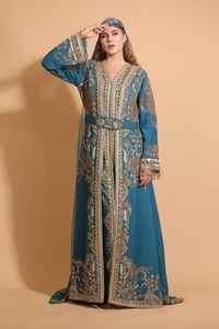 Kaftan marocain de luxe bleu turquoise avec broderie dorée et perles faites à la main, robe de mariée modeste - Product Image 4