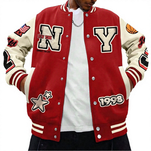 Chaqueta Varsity con Capucha Roja Bordada con Logotipo de NY y Estrellas, Parche 1998, Estilo Preppy Unisex, Cuello Alto, Corte Regular, Patrón de Letras - Product Image 2