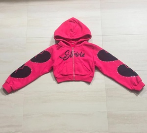 Custom Y2K Fleece Tracksuit Women Hot Pink Cropped <b>Zip</b> Hoodie Rhinestone Broken Heart Print Wide Leg Sweatpants Set - Product Image 2