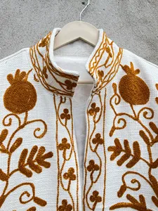 Women White Cotton Hand Embroidered Boho <b>Jacket</b> Brown Floral Suzani Style Ethnic Short Coat Outerwear - Product Image 4