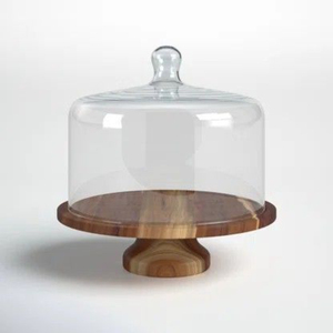 Premium Footed Round Wood <b>Server</b> <b>Cake</b> Holder With Lead Free Glass Cloche Natural Dessert Display Stand For Bakery Home And Event - Product Image 1
