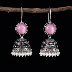 Pendientes Jhumka de Latón Rosa con Piedra Monalisa, Plata Oxidada, Perlas de Imitación Hechas a Mano, Estilo Étnico Indio Bohemia para Boda, Venta al por Mayor - Product Image 3