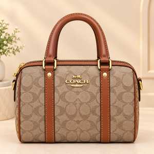 Bolso de Mano Clásico con Estampado Monograma y Detalles en PU Marrón, Correa Desmontable, Asas Dobles, Cierre con Cremallera Superior, Elegante Bolso Tipo Satchel - Product Image 1
