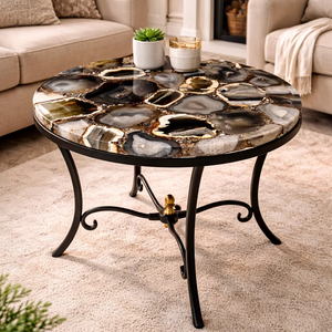 Mesa de Centro de Lujo de Ágata Natural, Mesa de Mosaico Semipreciosa con Base de Hierro, Moderna y Ecológica para Interiores, Patio, Bautizo, Diwali - Product Image 1