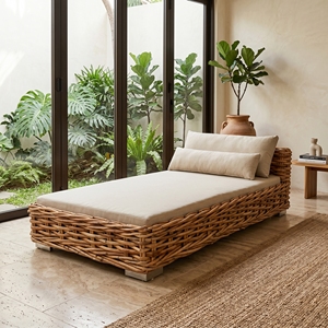 Sofá Cama Kamassan de Madera de Caoba con Ratán y Tela Daphnie, Muebles de Exterior Premium Estilo Resort, Conjuntos de Asientos para Patio - Product Image 4