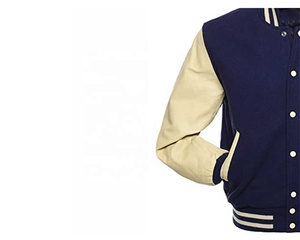 Veste universitaire bleu marine pour homme avec manches en cuir crème et bordure côtelée, style preppy, fermeture boutonnée simple à col classique - Product Image 5