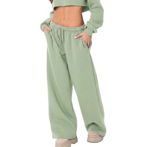 Pantalon de survêtement polaire large pour femme, taille mi-haute avec cordon de serrage, coupe décontractée, couleur unie, longueur intégrale, style streetwear automne - Product Image 4