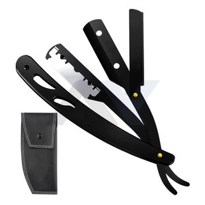 Navaja de afeitar de barbero personalizada con funda de cuero, negro mate, con su logotipo, para salón, de cuchilla recta con bloqueo de seguridad, para afeitado masculino - Product Image 4