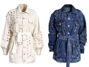 Chaqueta vaquera de mujer de estilo casual y moderno, con diseño perforado y personalidad, tejida de cuello alto y corte largo. - Product Image 4