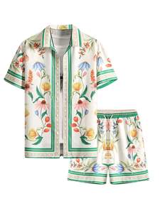 Conjunto de dos piezas con estampado floral tropical para hombre, camisa de manga corta con botones y pantalones cortos a juego, conjunto ligero para la playa de verano - Product Image 6