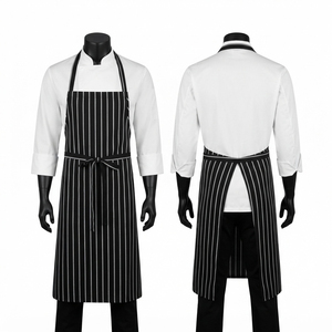 Premium 220 GSM Poly Cotton Chef Apron <b>Black</b> White Striped Waist <b>Tie</b> Full Length With Custom Logo Embroidery Kitchen Uniform - Product Image 1