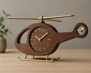 Wooden Helicopter Desk <b>Clock</b> With Brass Details Minimalist Design Quartz Movement - Product Image 1
