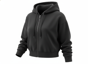 Stylish Cropped Full Zip Hoodie for Women | Casual Black Sweatshirt with Drawstring Hood & Ribbed Hem - Product Image 2