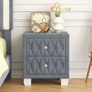 Elegant Grey Button Tufted Nightstand with <b>2</b> <b>Drawers</b> and Crystal Handle <b>Storage</b> Bedside Table - Product Image 5