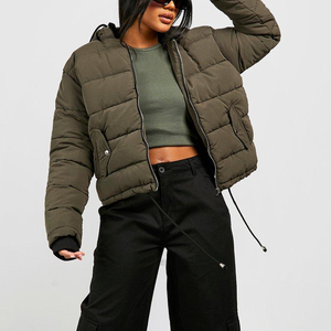 Women's Cropped <b>Quilted</b> Puffer Jacket Hooded Long Sleeve Winter Coat Solid Color <b>Thick</b> Polyester Outerwear - Product Image 6