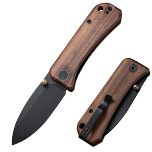 Couteau de poche pliant à manche en bois grainé marron avec lame noire mate et clip métallique, ouverture manuelle compacte pour usage quotidien - Product Image 1
