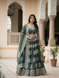 Ensemble de jupe de mariée en crêpe français traditionnel avec voile en filet orné de fils Zari et de sequins, tenue de mariage de créateur pour femme - Product Image 4