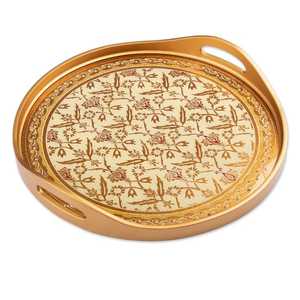 Premium Meena Design Round <b>Serving</b> <b>Tray</b> <b>Gold</b> Finish Decorative Tea <b>Tray</b> with Handles - Product Image 1
