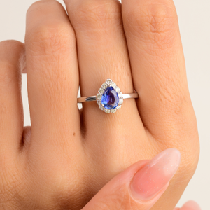 14K White Gold Pear Cut Blue Sapphire & Halo Diamond Ring - Product Image 1