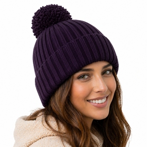Unisex Knit Beanie <b>Hat</b> <b>Purple</b> Pom Pom Winter Cap Casual Stretch Fit Adult Headwear Solid Color Hand Knitted Acrylic Warm Cozy - Product Image 3