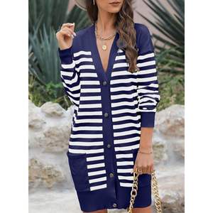 Open Front Button V-Neck <b>Cardigan</b> Sweater for Women 2025 Long Sleeve <b>Chunky</b> <b>Knit</b> Outwear Pockets Striped Design for Autumn - Product Image 4