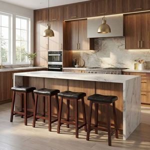 Tabouret de bar moderne en similicuir rembourré avec finition noyer, chaise haute pour îlot de cuisine, pub et hôtel - Product Image 3
