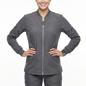 Blouses d'infirmière personnalisables, veste de travail zippée sur le devant, design élégant, manches longues, multi-poches, prix de gros. - Product Image 1