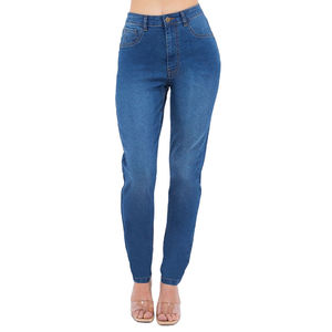 Pantalones vaqueros de mezclilla cómodos y elegantes para mujer, de cintura alta, ajustados, azules, de cinco bolsillos y largo completo. - Product Image 1