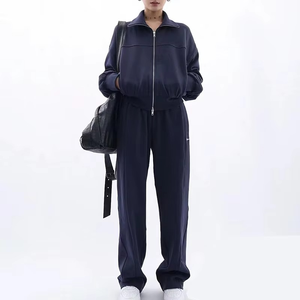 Women Navy Blue Tracksuit Set Full Sleeve Turtleneck Zipper Closure Loose Fit Solid Color Casual Breathable 100% Cotton - Product Image 2