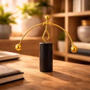 Figura Moderna Abstracta de Hombre Equilibrista en Dorado Metálico, Juguete Cinético de Péndulo para Mesa, Escultura con Base Cilíndrica Negra - Product Image 1