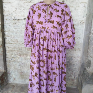 Animal Handblock Cotton Knee Length Dress O Neck <b>Three</b> Quarter Puff Sleeves Loose Fit Women's Daily Wear Embroidery Pocket - Product Image 1