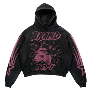 Sweat-shirt à capuche oversize pour homme, imprimé noir et rose, style streetwear, manches régulières, tissu FRENCH TERRY 300gsm - Product Image 2