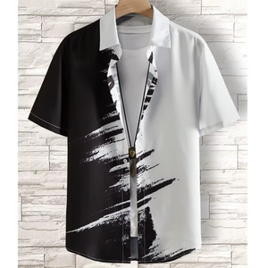 เสื้อเชิ้ตแขนสั้นผู้ชายสีดำสีขาวพิมพ์ลายเพ้นท์มือปกคอพับระบายอากาศได้ดีโพลีเอสเตอร์สวมใส่ในฤดูร้อน - Product Image 1