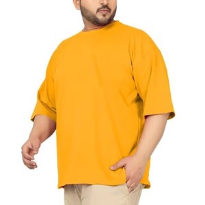 Camiseta de algodón de punto de manga corta con cuello redondo para hombre, color liso, ajuste oversize, estilo casual, pesada, streetwear, amarilla - Product Image 5