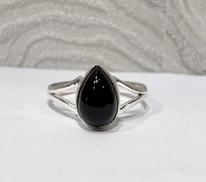 Bague Classique en Onyx Noir Original, Plaqué Argent, Laiton Vintage, Forme Poire, Petite Pierre, pour Femme, Idéale pour Mariage et Soirée - Product Image 1