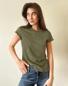 T-shirt à manches courtes col rond vert olive pour femme, couleur unie, coupe classique, 100% coton jersey, style décontracté, respirant - Product Image 6