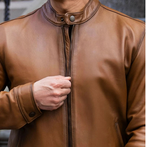 Mens Tan Brown Genuine Leather Streetwear Jacket Band Collar <b>Zip</b> Front Slimfit Minimalist Premium Casual Custom Winter Outerwear - Product Image 6