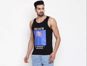 เสื้อกล้ามสีดำสำหรับผู้ชาย พิมพ์ลายต้นปาล์มชายหาด ลำลอง แขนกุด คอกลม ผ้าฝ้ายระบายอากาศได้ดี - Product Image 1