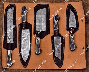Ensemble de couteaux de chef en acier Damas, 5 pièces, manche intégral, forgés à la main, ultra-affûtés, ergonomiques, manches en bois Pakka OEM - pour un usage quotidien et le camping - Product Image 2