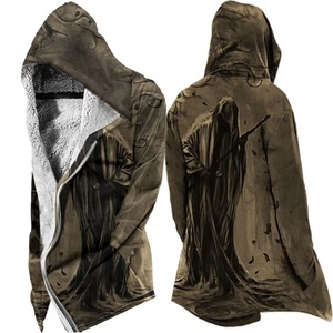 Chaqueta cortavientos gris con capucha y logotipo personalizado impreso en 3D, estilo parka holgada y gruesa con botones de felpa. - Product Image 3