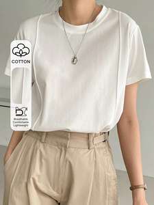 Solid Seam Detail <b>Tee</b> Old Money Style Business Women's Shirts Casual Short Sleeve <b>White</b> T-Shirt O-Neck Cotton Blouse Tops OEM - Product Image 3