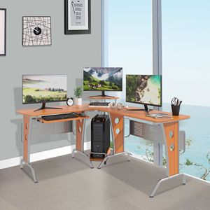 Escritorio de Computadora Esquinero Moderno con Estante Elevado y Bandeja para Teclado con Ruedas, Color Madera, Soporte para CPU, Escritorio en Forma de L para Juegos - Product Image 2