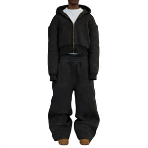 Men's Midweight Acid Wash <b>Distressed</b> Zip-Up Hoodie Baggy Sweatpants Set Custom Tracksuit Breathable Printed Polyester/Cotton - Product Image 2
